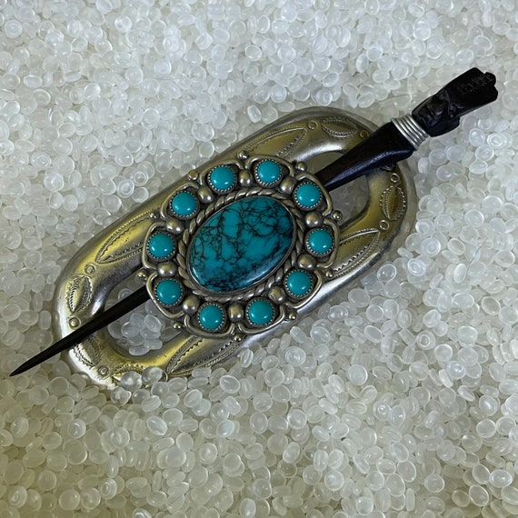 vintage hair barrette , silver and turquoise bun … - image 3