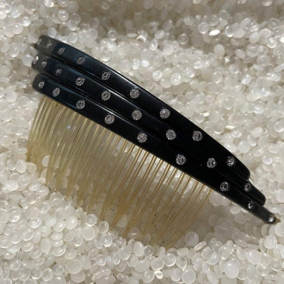 vintage hair comb, Black with rhinestones, vintag… - image 2