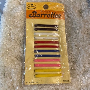 vintage hair barrettes,  original package ,  1975 barrettes,Goody barrettes,   NOS, narrow, slender barrettes , set of 6,  bright colors