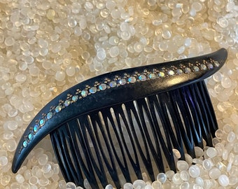 vintage hair comb, Black swish with rhinestone,  glamorous comb ,h41