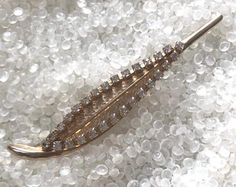 vintage barrette ,gold Hair clip,  pronged rhinestones,  feather barrette,h33