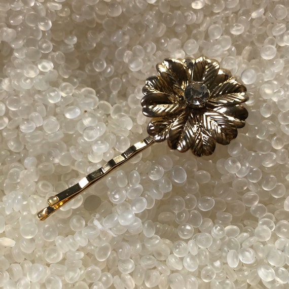 Vintage  bobby pin barrette, gold  flower,rhinest… - image 2