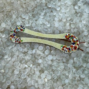 vintage hair barrette , Enamel Guilloche Barrette, white with colorful dots, unique style, vintage 1960s style