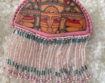 Vintage barrette, Mayan influence art  , hand beaded barrette, pink, blue seed beads, ivory ,