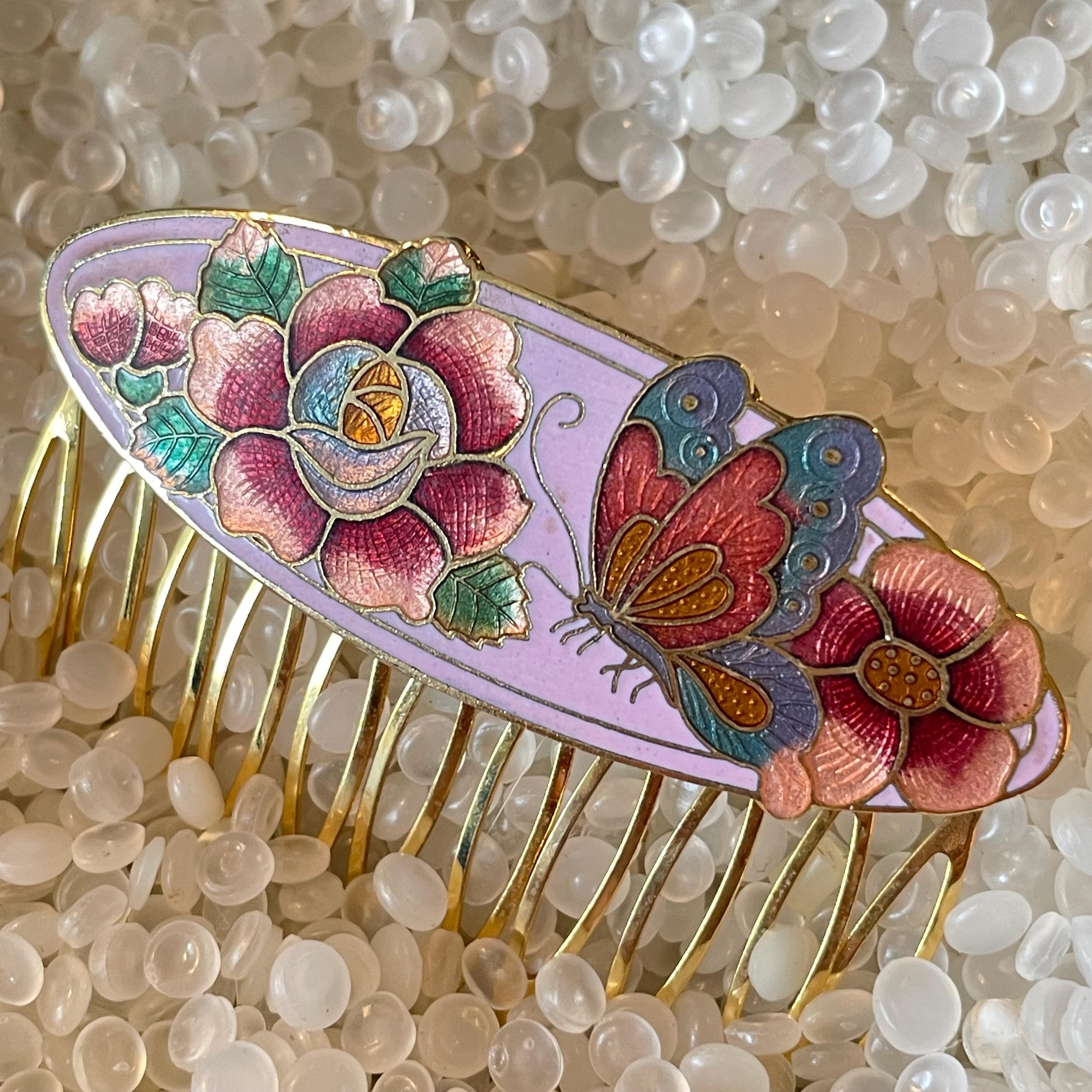 Vintage Butterfly Cloisonne Enamel Hair Comb Set of 2 Gold Tone Red Green Floral Delicate yet enduring, these 1970s vintage cloisonné floral  main image 2