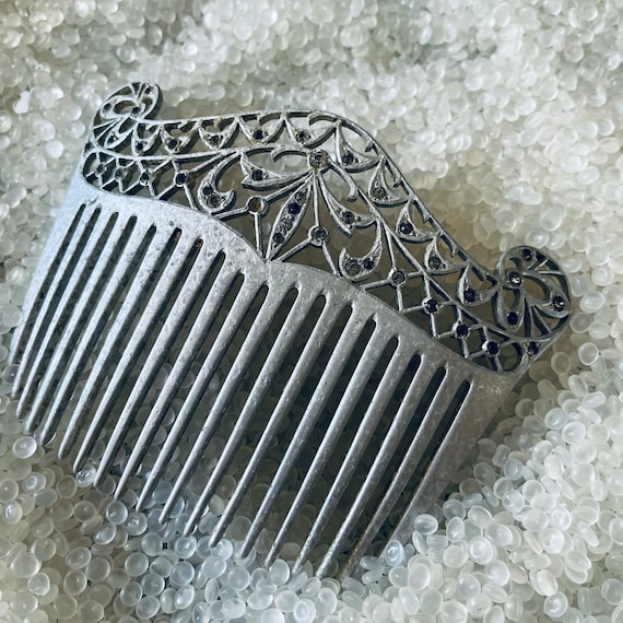 Antique Hair Comb, Hair Comb Ornate Silver Color, 1900s Comb, Gray Stones 