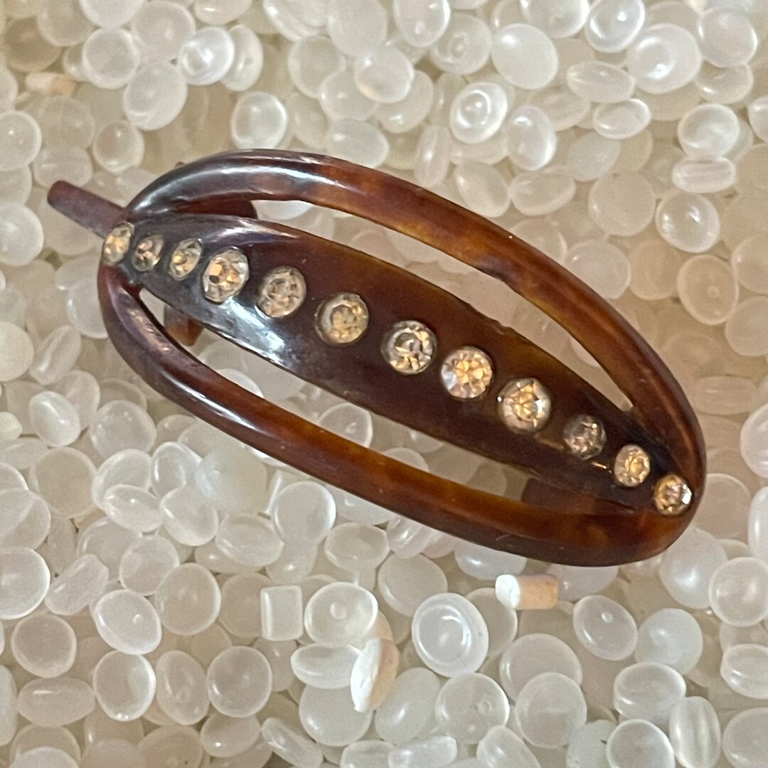 Rare 1930 Art Deco Hair Barrette Celluloid Tortoise Shell w Serious Rhinestones Vintage Art Deco Tortoise Shell Celluloid Fan Hair Comb with  main image 4