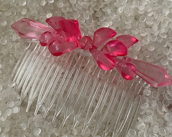 Vintage  pink comb,  vintage 1980s beaded combs, iridescent beads , bright pink beads