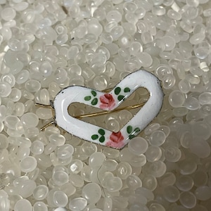 vintage hair barrette , heart barrette,Guilloche Enamel  Barrette soft ivory white with roses,t4