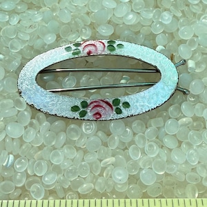 Vintage Guilloche Enamel Floral Barrette: 1950s Silver Tone Hair Clip