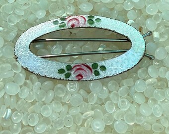 Vintage Guilloche Enamel Floral Barrette: 1950s Silver Tone  display picture 2