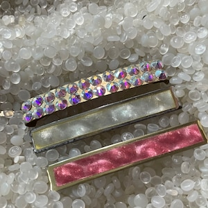 vintage barrettes , Goody stay tight , set of 3   , pink , prism rhinestones,  ivory hologram , circa 1975