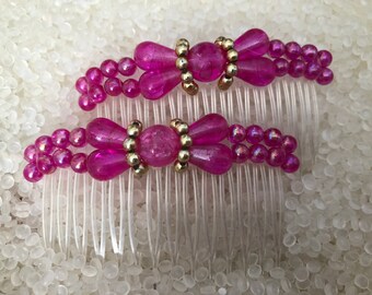 Vintage  pink combs matching pair, vintage,  vintage 1980s beaded combs, iridescent beads , bright pink beads