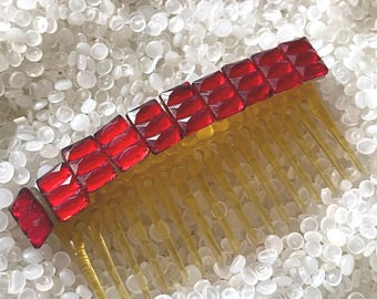 Vintage hair comb, 1940, 1950, hair comb, large red stones faux stone ,ruby red hair comb
