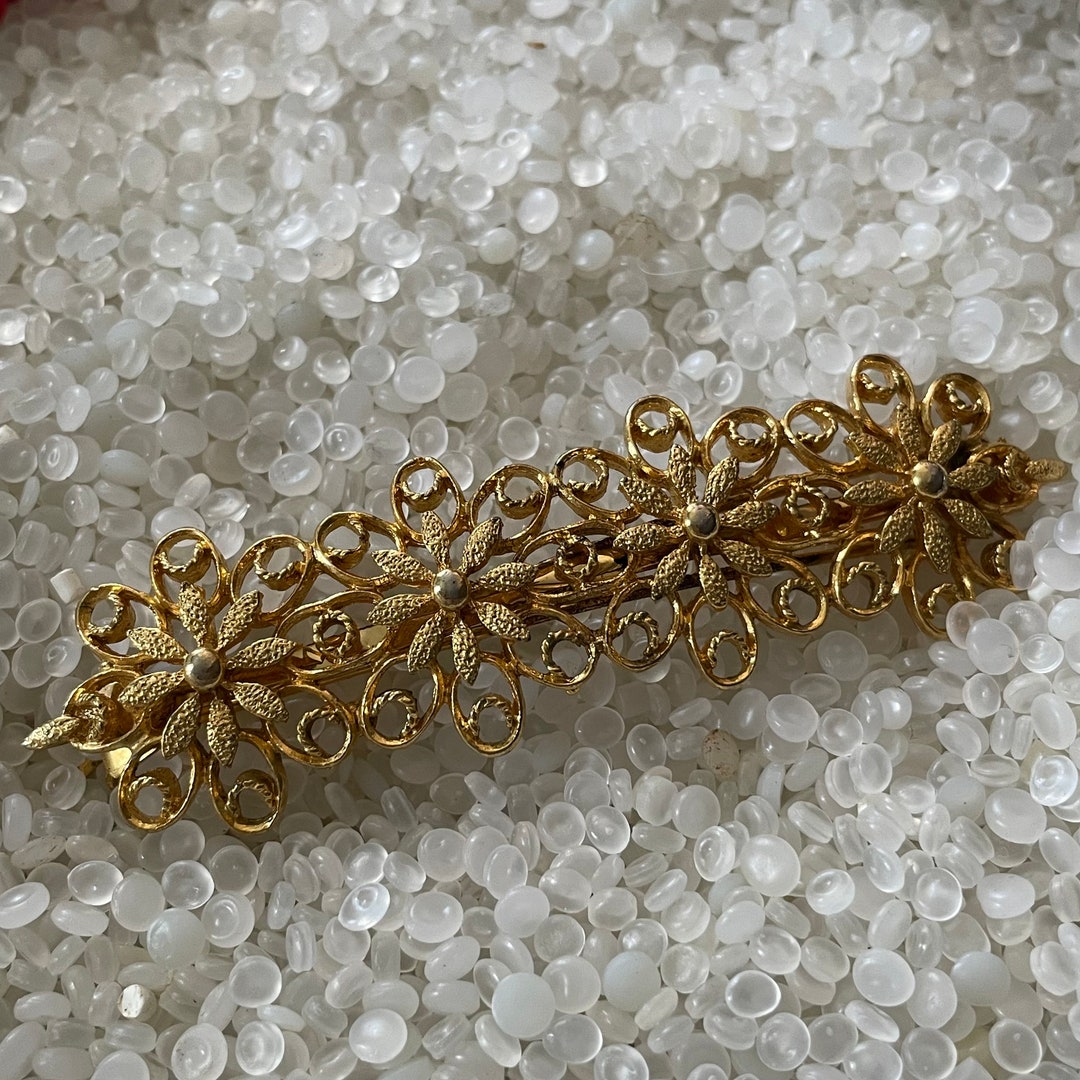 Vintage Barrette, Unique Gold Hair Clip, Molded Gold Flowers ,little