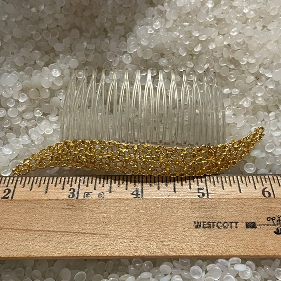 vintage hair comb, etched muted gold tone,plastic… - image 5