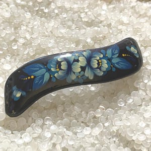 Vintage hair barrette, hand painted flowers lacquered wood , classic Russian style, black with  flowers,blues FLOWERS, t67