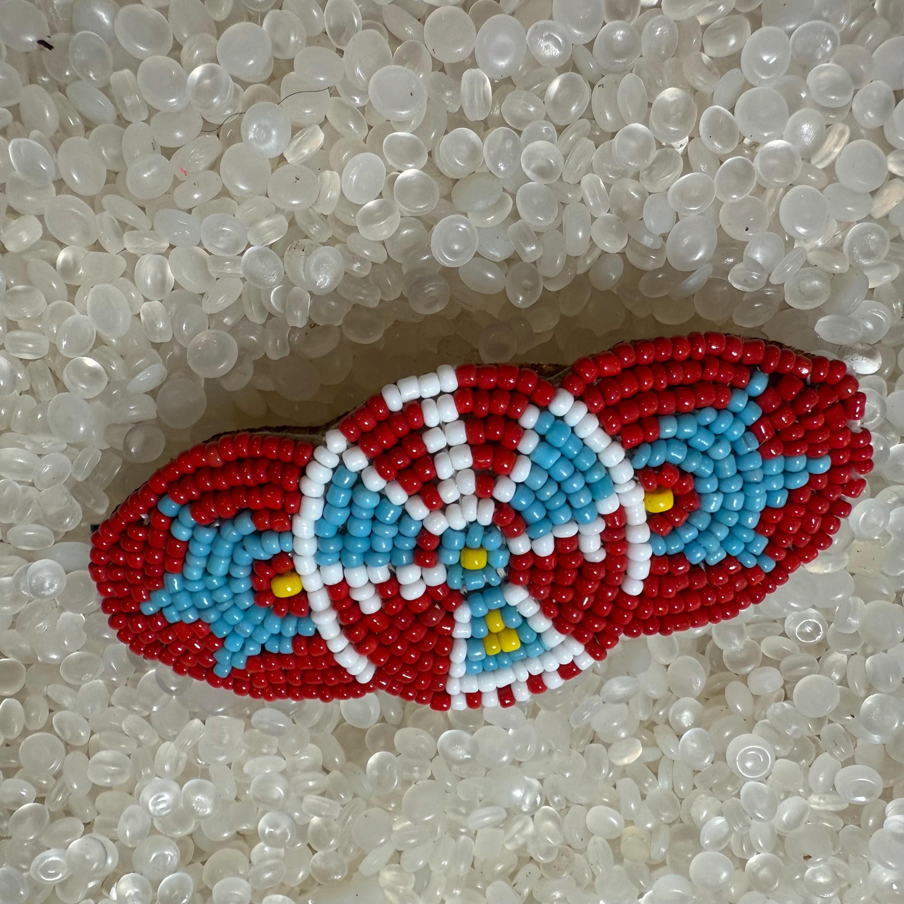 Pair of Beaded Barrettes-Gorgeous Vintage Item-Red/Blue/Yellow-Leather Backing Vintage Native American Red, Blue, Yellow Beaded Hair Clip  main image 2