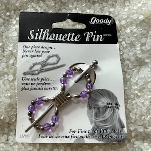 vintage hair barrette , beaded slide barrette, infinity shape, silver tone metal , hair slide, slide bar, purple beads, dated 1997