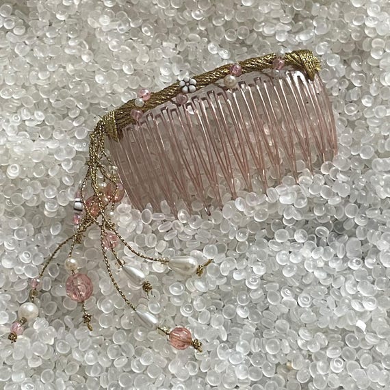 Vintage barrette, seed beads, soft pink beads, hand beaded, clusters of beads , gold threads ,sw4