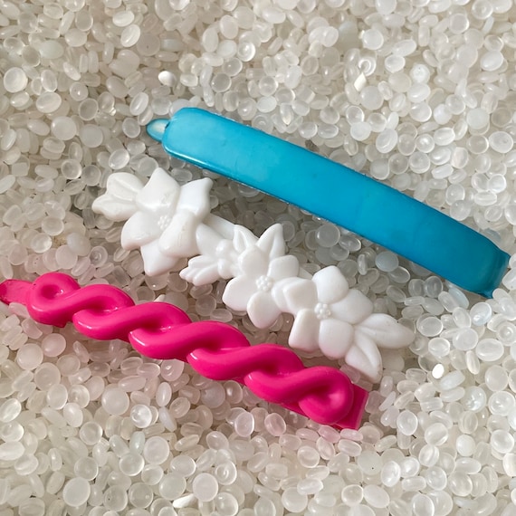 vintage  barrette plastic barrettes, pink twist barrette,white flowers barrette, teal blue bar barrette larger size, goody barrettes, h18