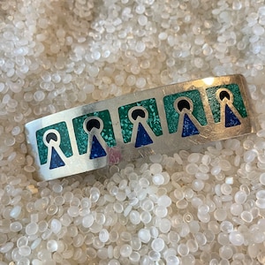 Mexican silver barrette, Mayan inspired, vintage barrette,turquoise and royal blue stones,  crushed stones, Salsa design,lV6
