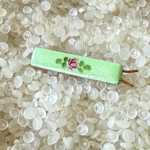 vintage hair barrette , Enamel Guilloche Barrette, pink  rose,green barrette , rare color