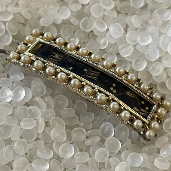 VTG Barrette Black Lucite? Faux Pearls Studs Hair Clasp France Cream Colored Faux Pearl Rhinestone Decor Black Plastic Hair  main image 2