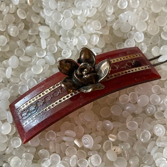 vintage barrette, tortoiseshell barrette ,brass flower  flowers , 1940 hair barrette,k40