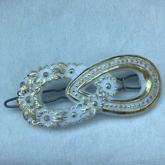 vintage  hair barrette, creamy white with gold hi… - image 1