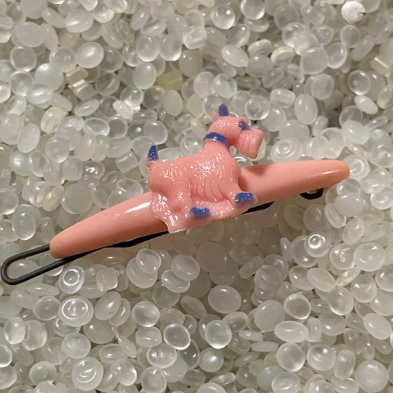 Vintage barrette, Little scottie dog, pink scottie dog with  blue collar, 1950 barrette, dog barrette, l8