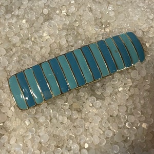 vintage barrette,  baked on enamel paint, Blue Stripes , mod design, vintage 1970s