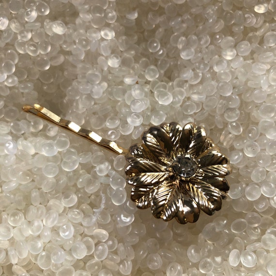 Vintage  bobby pin barrette, gold  flower,rhinest… - image 3