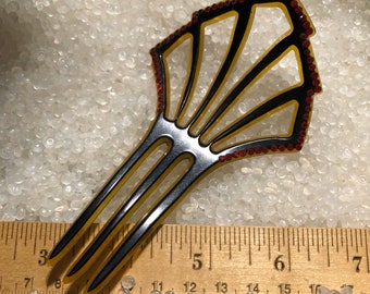 Vintage, antique hair comb, hair pick, ruby red stones, black and amber carved comb, r7