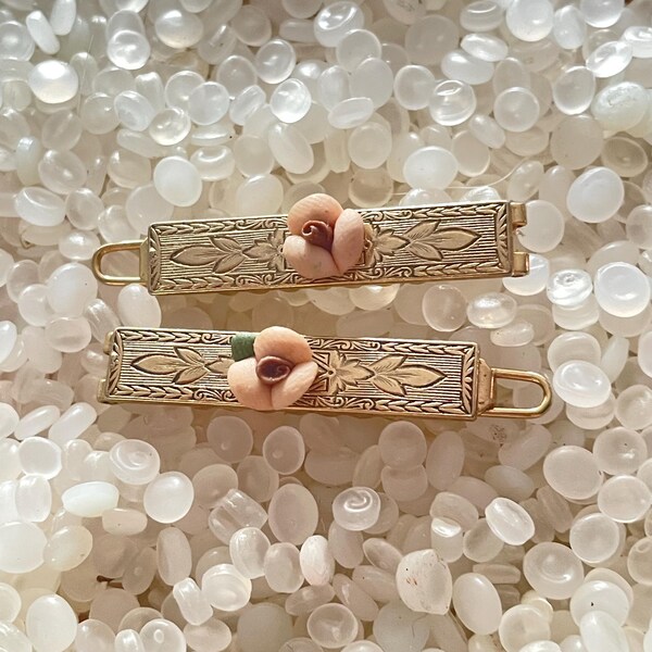 vintage barrette set, small barrette, pink roses, gold leaves, embossed barrette, vintage 1928 designer