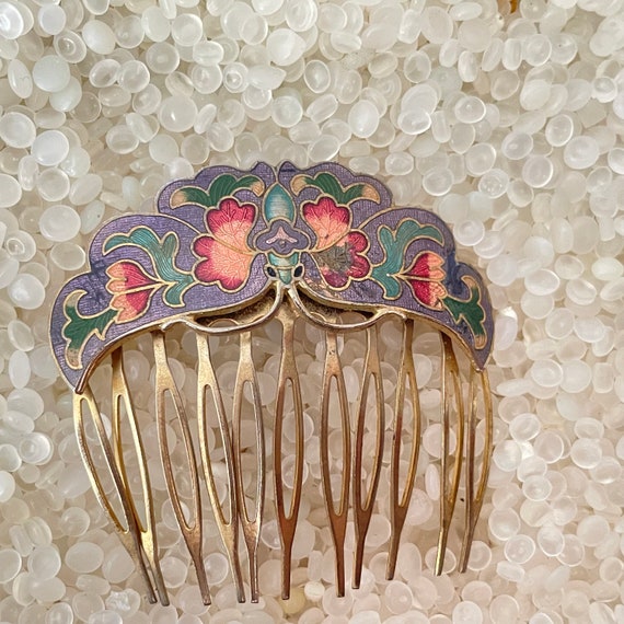 Lovely Vintage Cloisonne Hair Comb butterfly Deco… - image 1