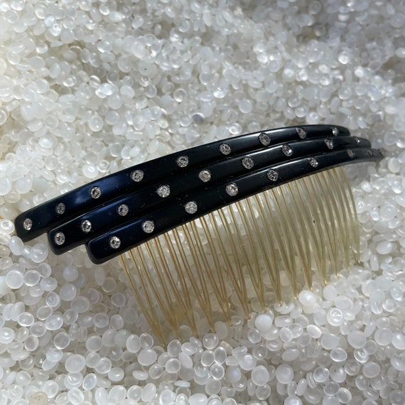 vintage hair comb, Black with rhinestones, vintag… - image 7