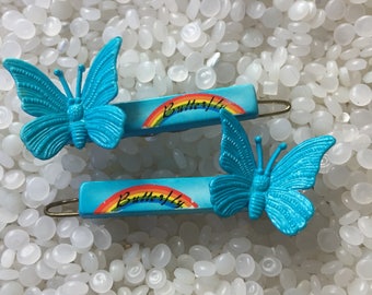 vintage barrette,  butterfly  hair barrette , very 3 d, blue barrette, rainbows and butterflies, rare pair