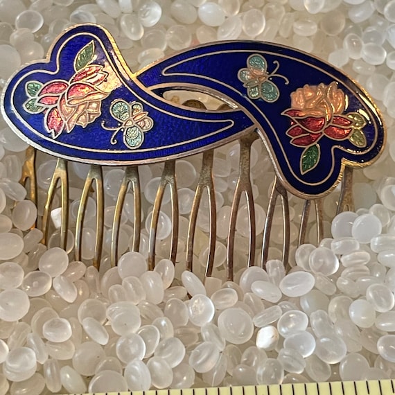 Vintage Cloisonne Hair Comb,royal blue  comb,  De… - image 2