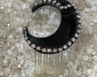 vintage hair comb,  black cresent moon with rhinestones, vintage 1940s ,