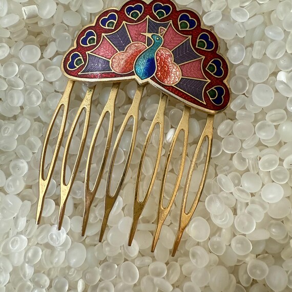 Vintage Cloisonne Hair Comb, Peacock Comb, Decorative Gold  display picture 3
