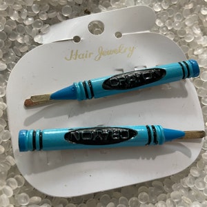 Vintage barrette,   BLUE crayons, vintage bobby pins, art teacher gift , young artist, teacher gift, artist giftback to school