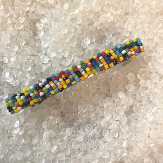 Vintage barrette, seed beads, rainbow beads, hand beaded,seed bead barrette, rainbow seed beads