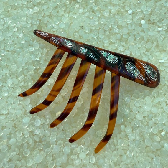 Antique tortoiseshell comb, paste rhinestone, hai… - image 5