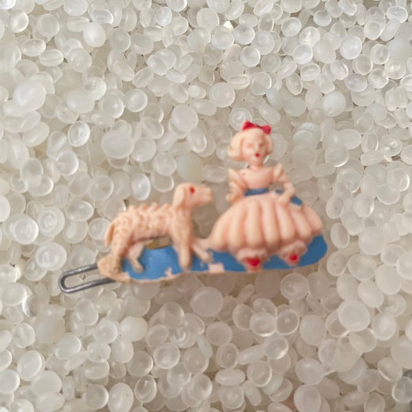 vintage 1940's hair barrette,  Mary Had a Little Lamb,soft pink Mother Goose nursery rhyme barrette, Rare,mn 8