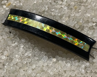 vintage barrette, black barrette, prism hologram strip ,black and gold , quintessential 1970, 1970 hairstyle,ll2