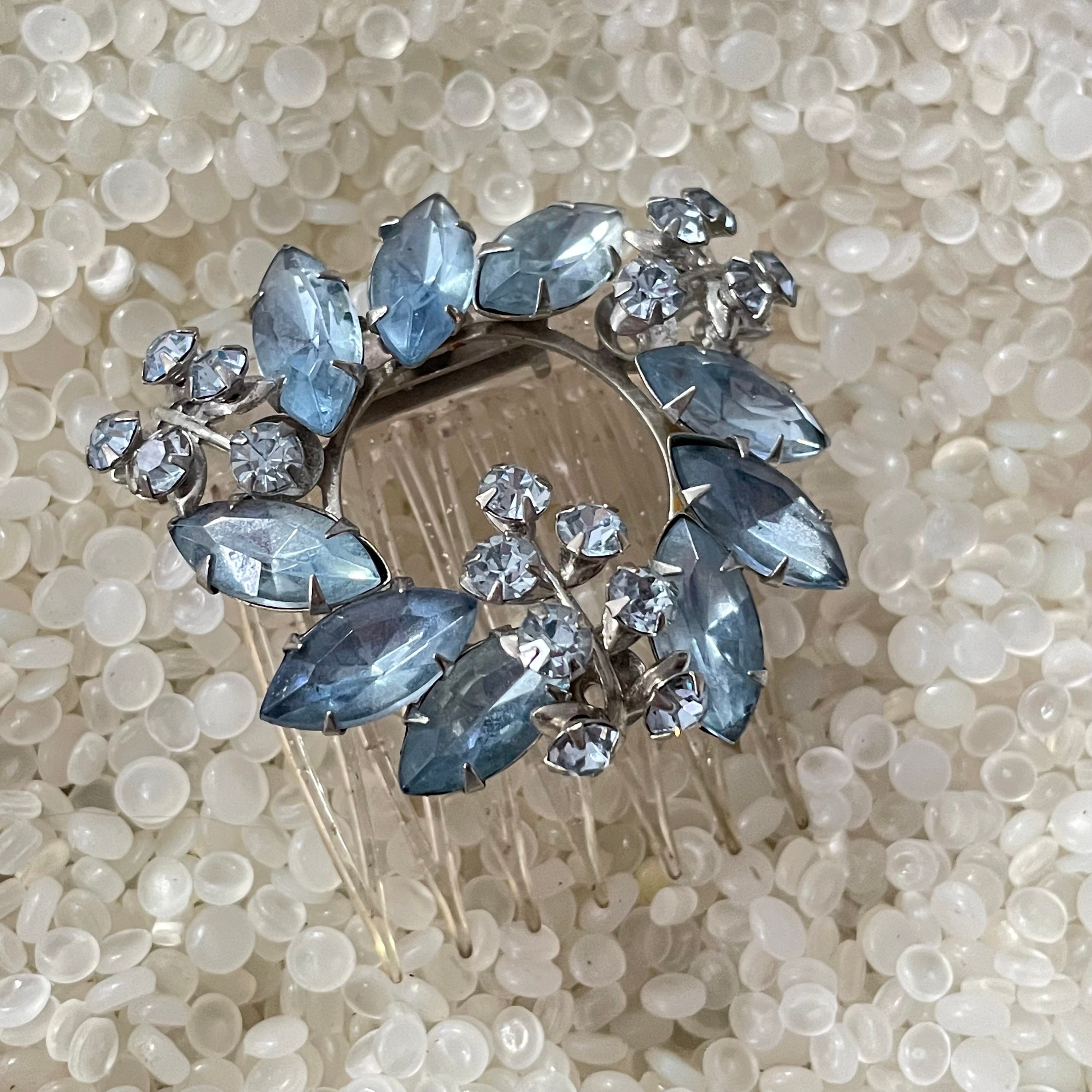 Vintage Comb, Antique Hair Comb , Blue Rhinsestones, Hinged 
