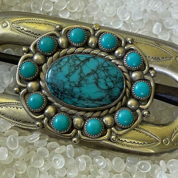 vintage hair barrette , silver and turquoise bun … - image 2