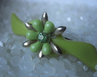 vintage  hair barrette green flower with rhinestones