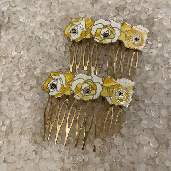 Lovely Vintage Cloisonne Hair Comb, yellow  roses, flowers combs ,  Gold Tone Hair combs , matching pair.”Vintage 1970,